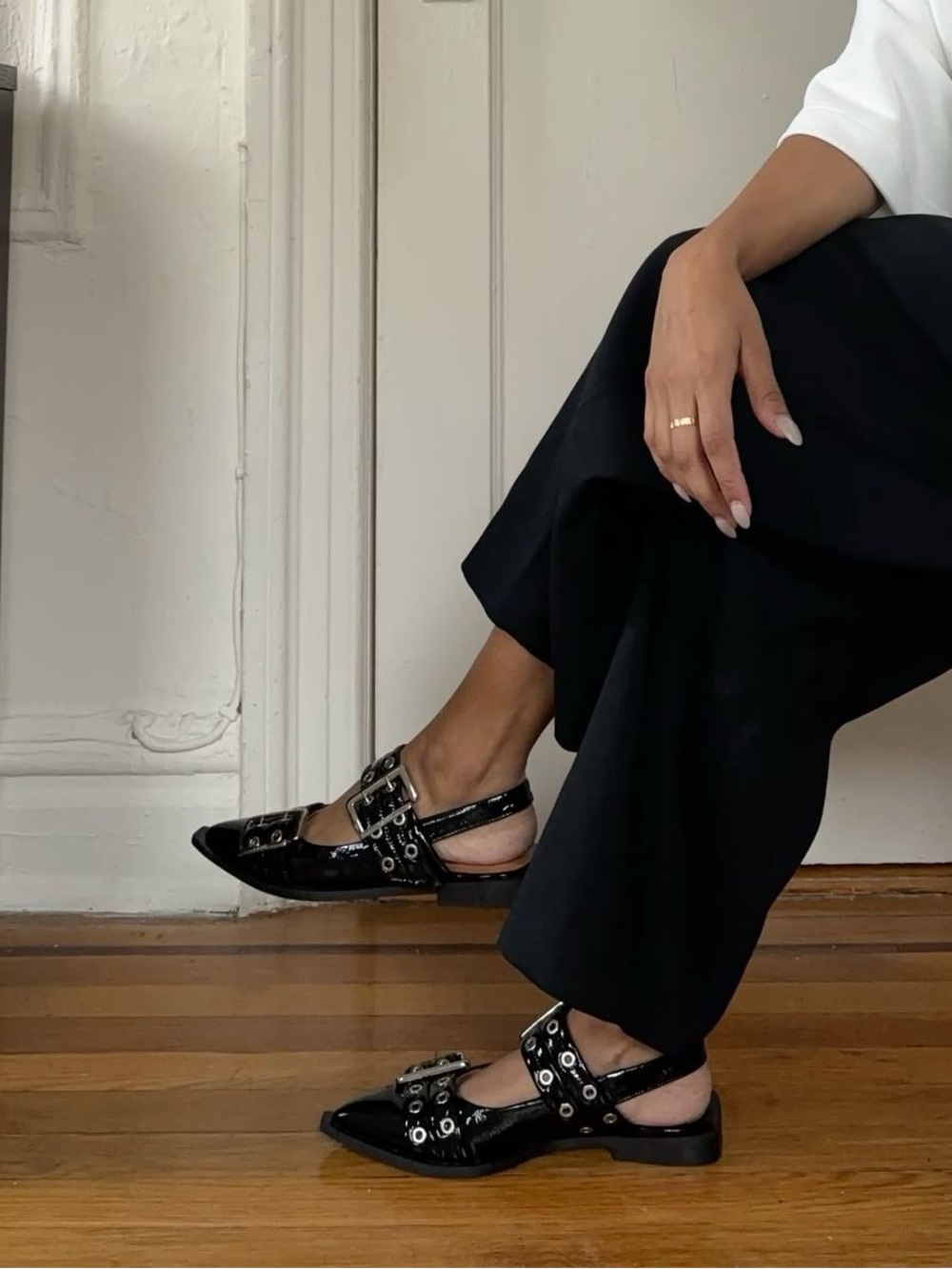 Ganni Black Patent Pointed Mary-Jane Flats with Double Buckle Straps